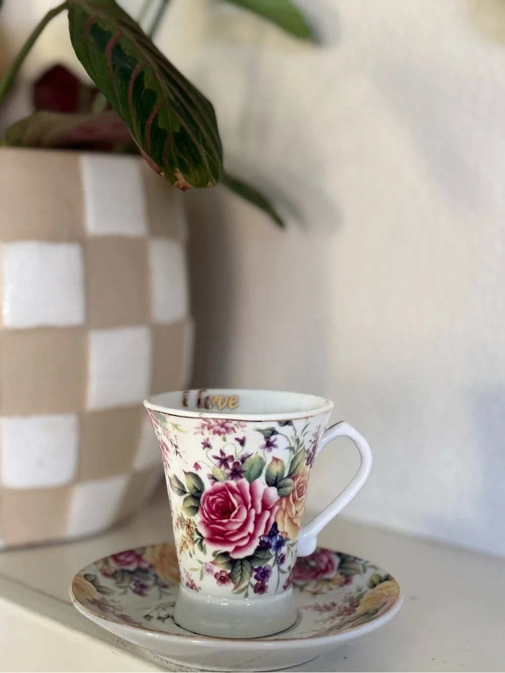 Vintage Floral Demitasse Cup and Saucer in White with Pink and Yellow Roses